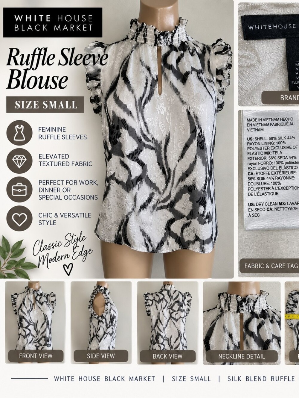 WHBM: Black White Ruffle Top